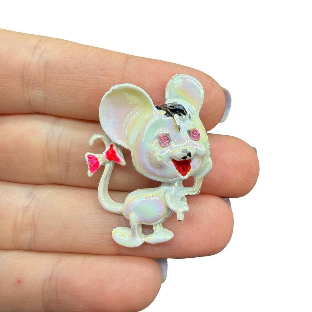 Vintage Jewelry Iridescent Luster Enamel Mouse brooch pin